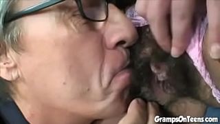 Hairy pussied youngster rides oldie
