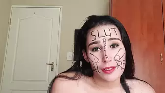 Lady with body writing shows and describes how she wants to be treated, self humiliation