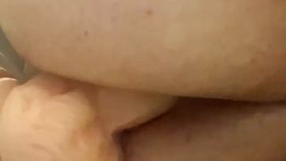 Chubby bitch mounts butt with monstrous dildo