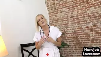 HJ nurse stroking oiled dick in closeup while talking kinky