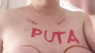 Spanish homemade milf ties her titties up and spanks them. Then she shaves her head. Chunky submissive chick.