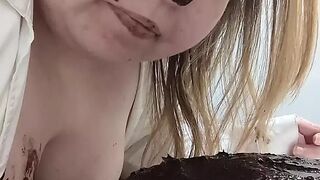 Sleazy slut sub eating and sitting on chocolate cake