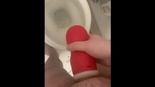 Filthy Meaty Gooner Pumps and Pisses into His Plastic Snatch Over the Toilet