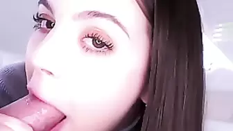 Brunette with big throat sucks penis in close-up before anal...