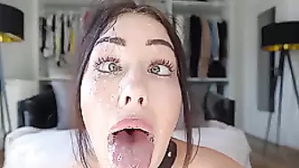 Brunette with big eyes makes a deep Blowjob and receives cum on face...